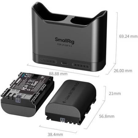 SmallRig 5484 - zestaw TURBO, dwukanałowa ładowarka, 2x akumulator Canon LP-E6NH - wymiary